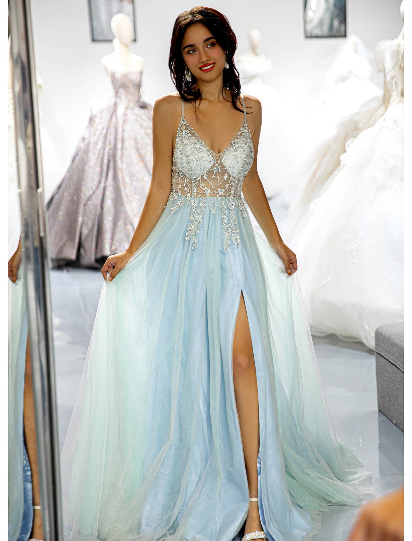 Light Blue Beaded Slit Prom Dress-LLELLA