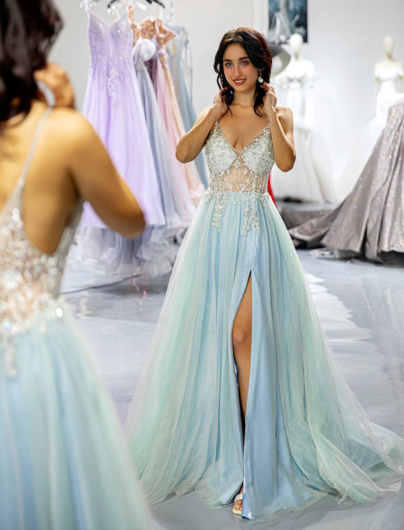 Light Blue Beaded Slit Prom Dress-LLELLA