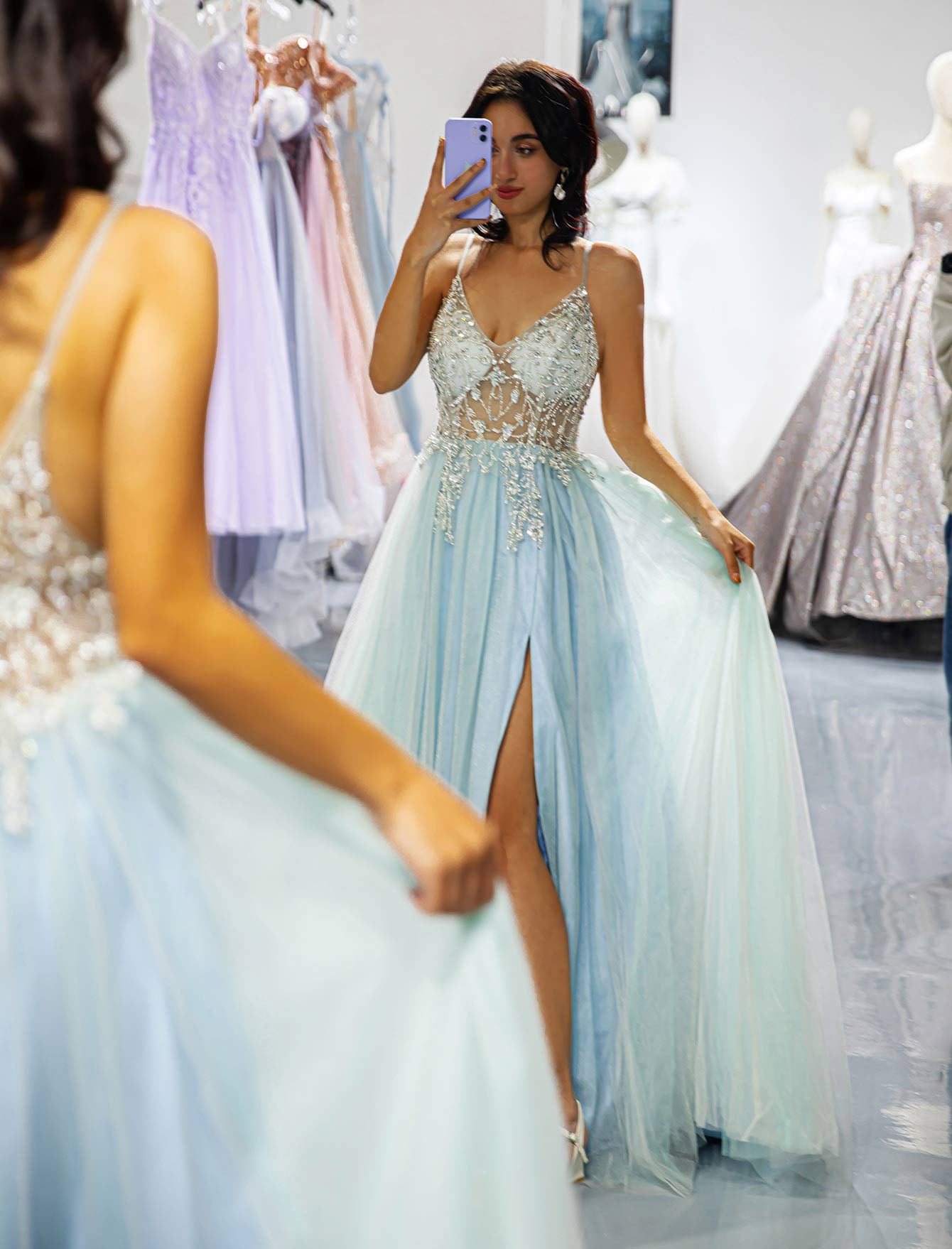 Light Blue Beaded Slit Prom Dress-LLELLA