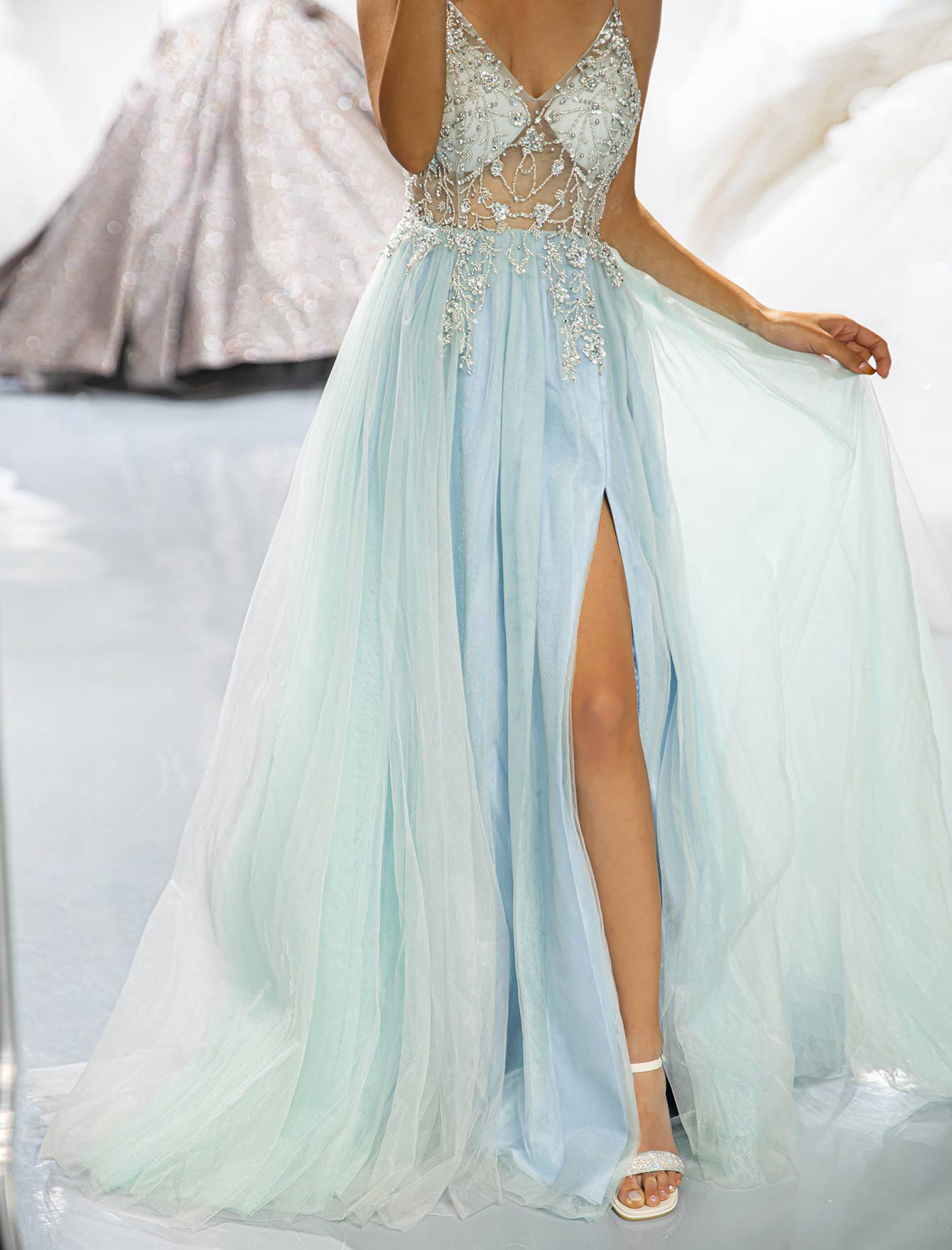 Light Blue Beaded Slit Prom Dress-LLELLA