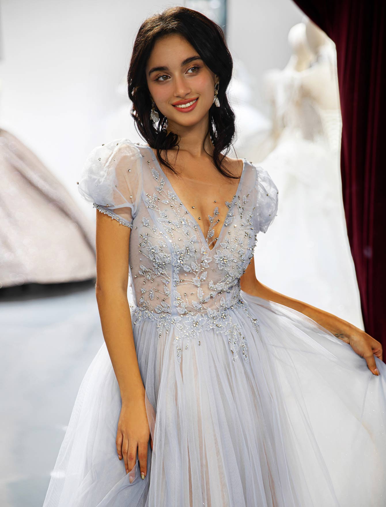 3D Beaded Prom Dress with Sleeves-LLELLA