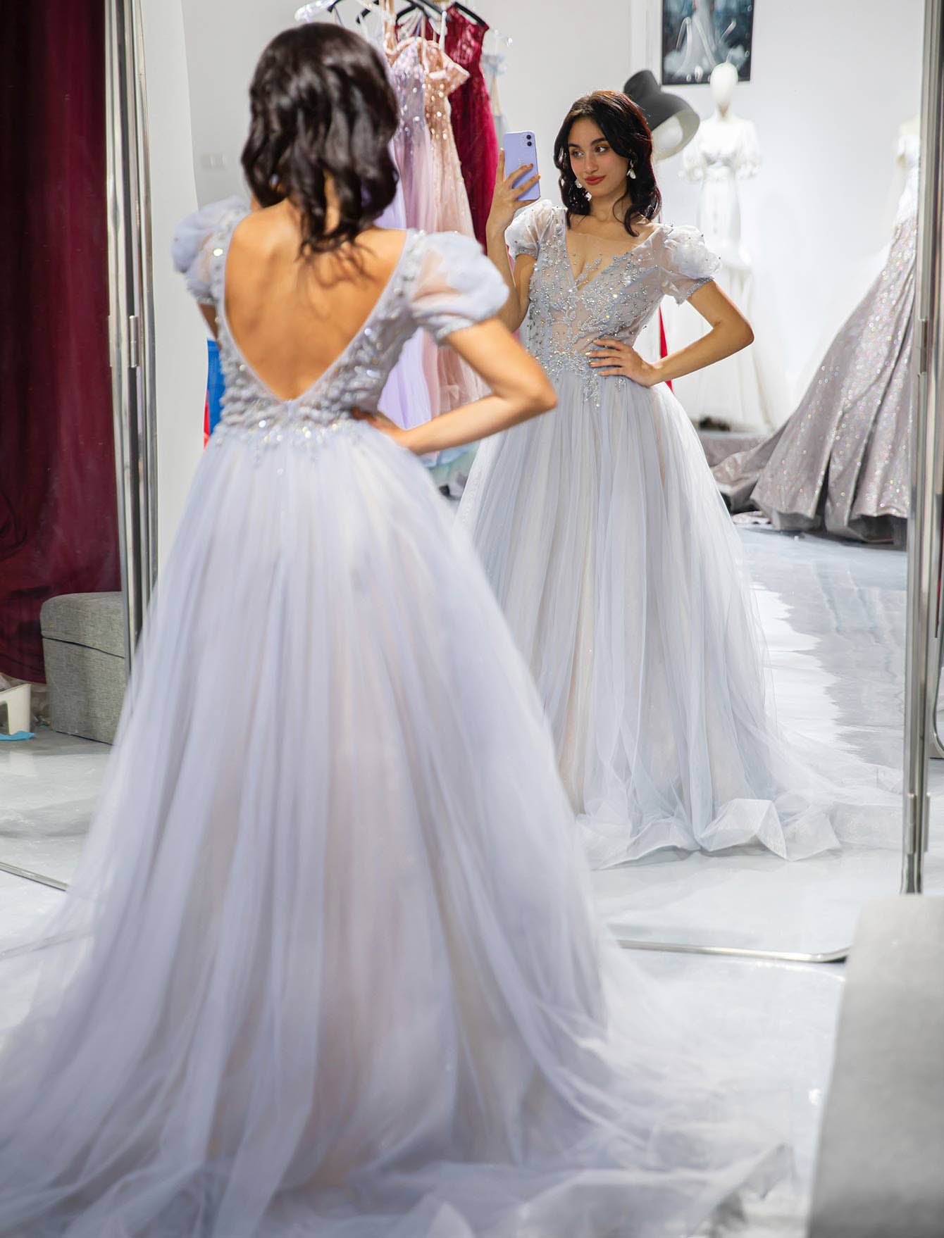 3D Beaded Prom Dress with Sleeves-LLELLA