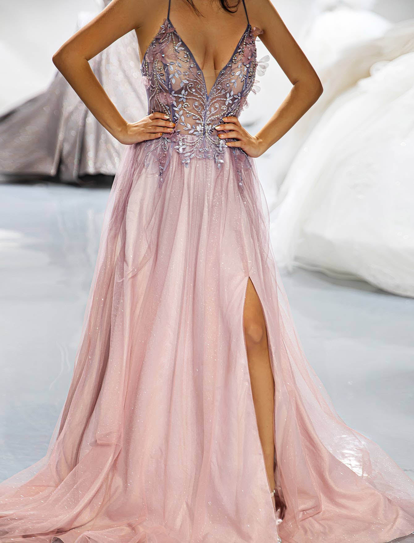Side Slit 3D Beaded Prom Dress-LLELLA