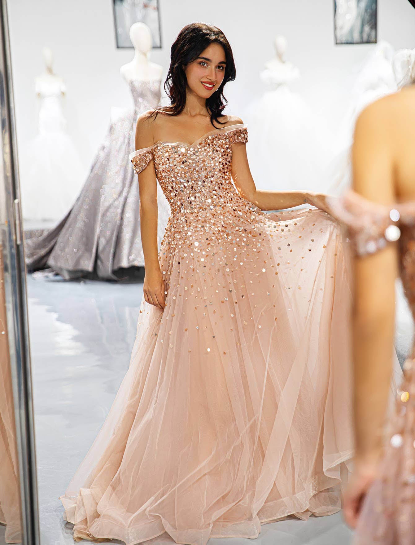 Off the Shoulder Beaded Prom Dress-LLELLA
