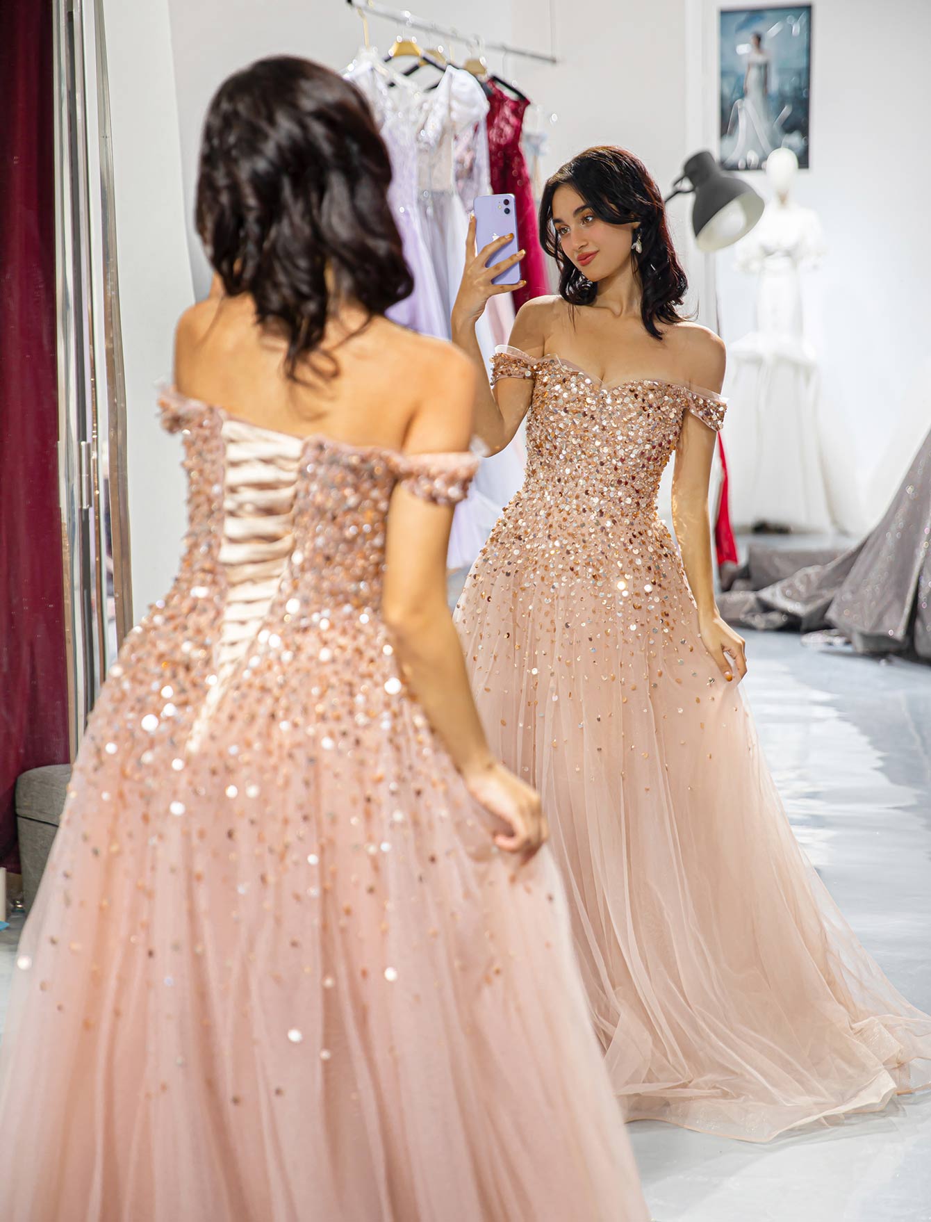 Off the Shoulder Beaded Prom Dress-LLELLA