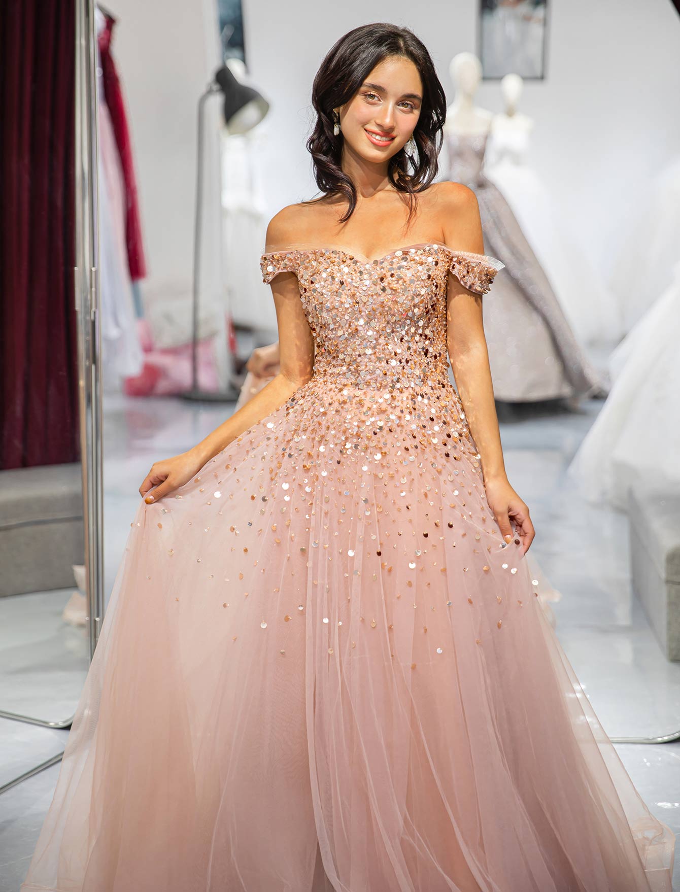 Off the Shoulder Beaded Prom Dress-LLELLA