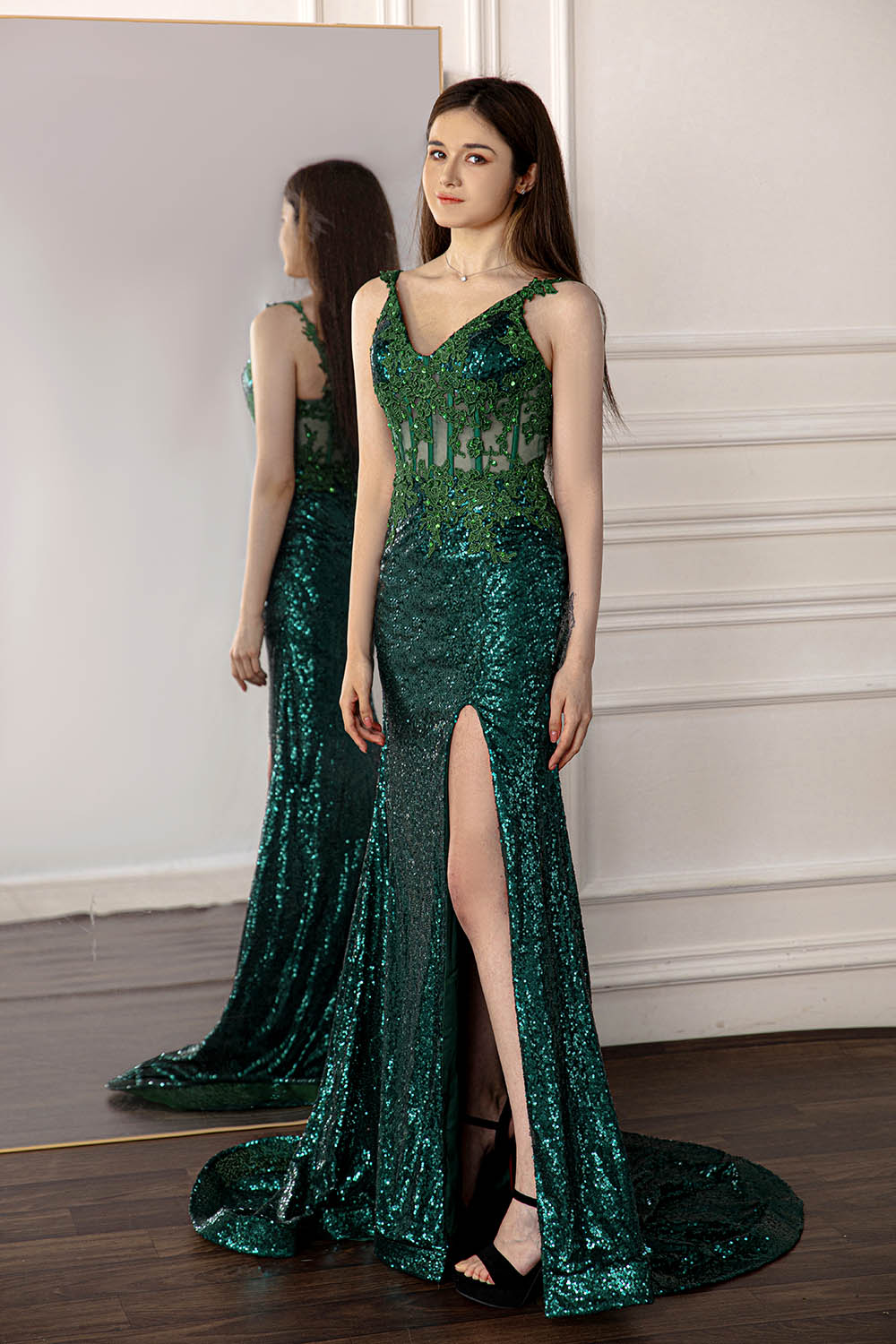 Dark Green Slit Prom Dress with Sequin-LLELLA