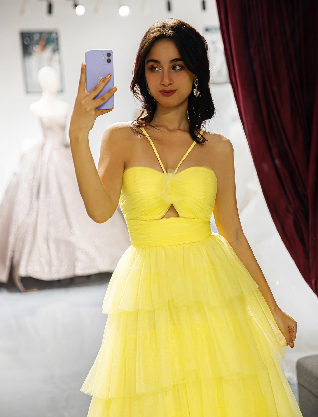 Keyhole Ruffle Tulle Prom Dress-LLELLA