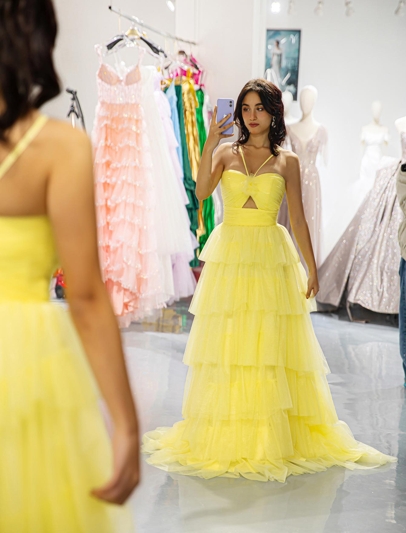 Keyhole Ruffle Tulle Prom Dress-LLELLA