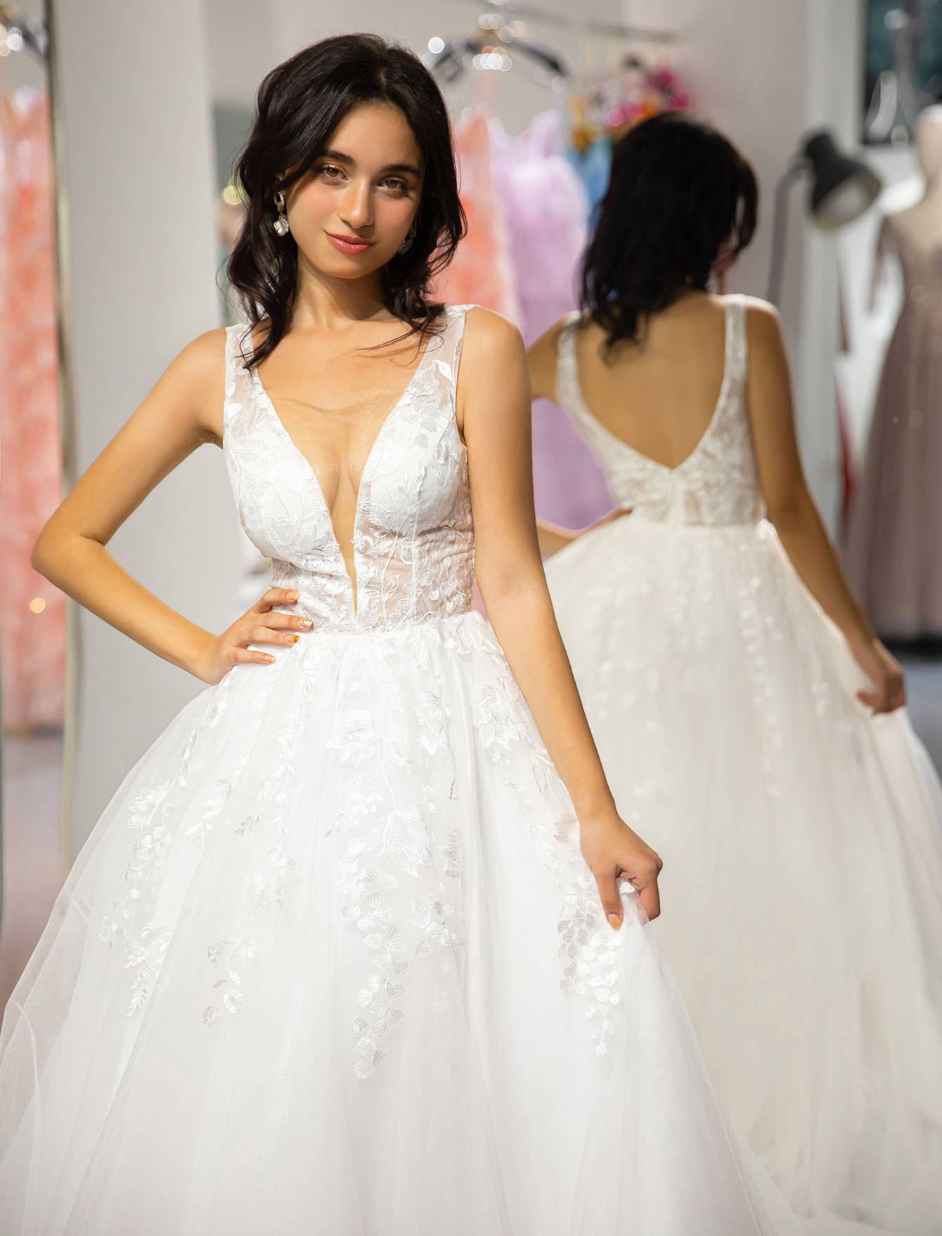 White Appliques Tulle Prom Dress-LLELLA