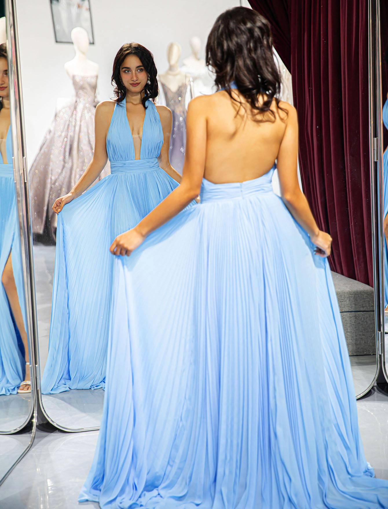 Light Blue Backless Prom Dress-LLELLA