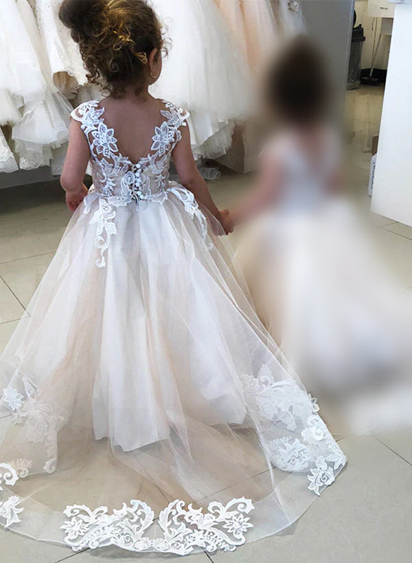 A-Line/Princess Tulle Girl Dresses with Applique Pearl Pink