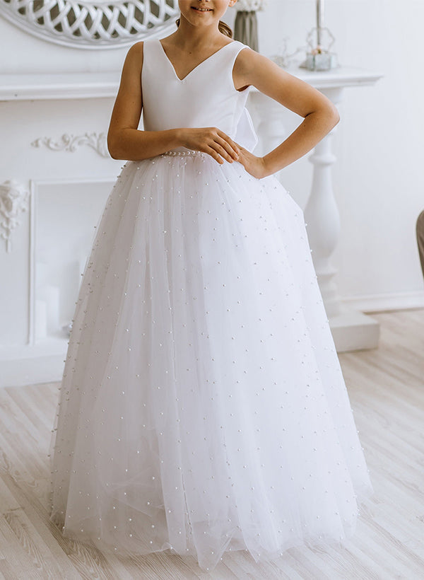 A-Line/Princess Girl Dresses with Bowknot & Beading Blush
