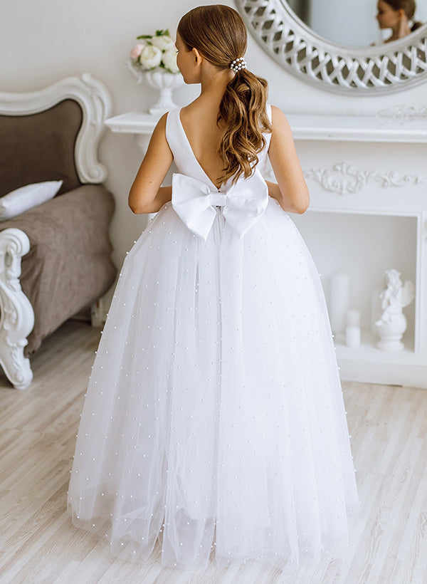 A-Line/Princess Girl Dresses with Bowknot & Beading White
