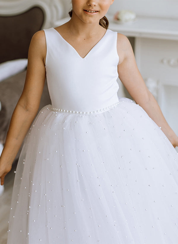 A-Line/Princess Girl Dresses with Bowknot & Beading Peach