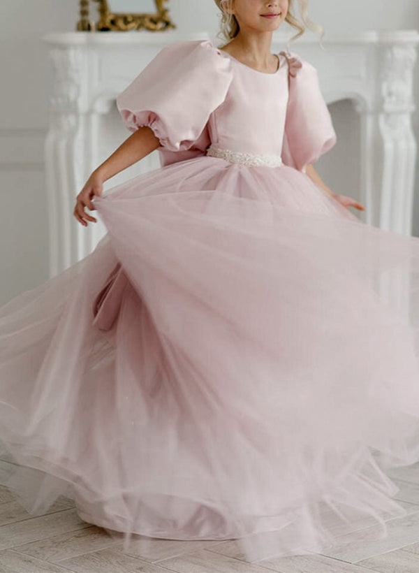 A-Line/Princess Girl Dresses with Bowknot & Beading White