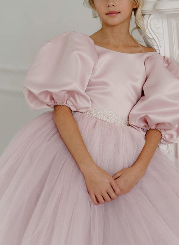 A-Line/Princess Girl Dresses with Bowknot & Beading Peach