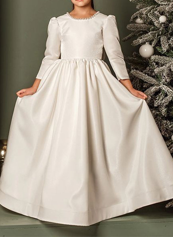 A-Line/Princess Girl Dresses with Bowknot & Beading White