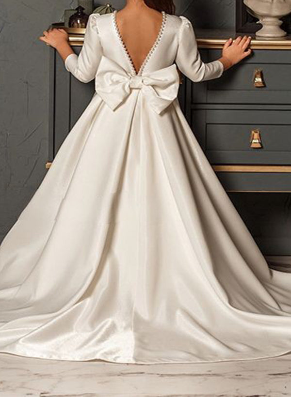 A-Line/Princess Girl Dresses with Bowknot & Beading Ivory