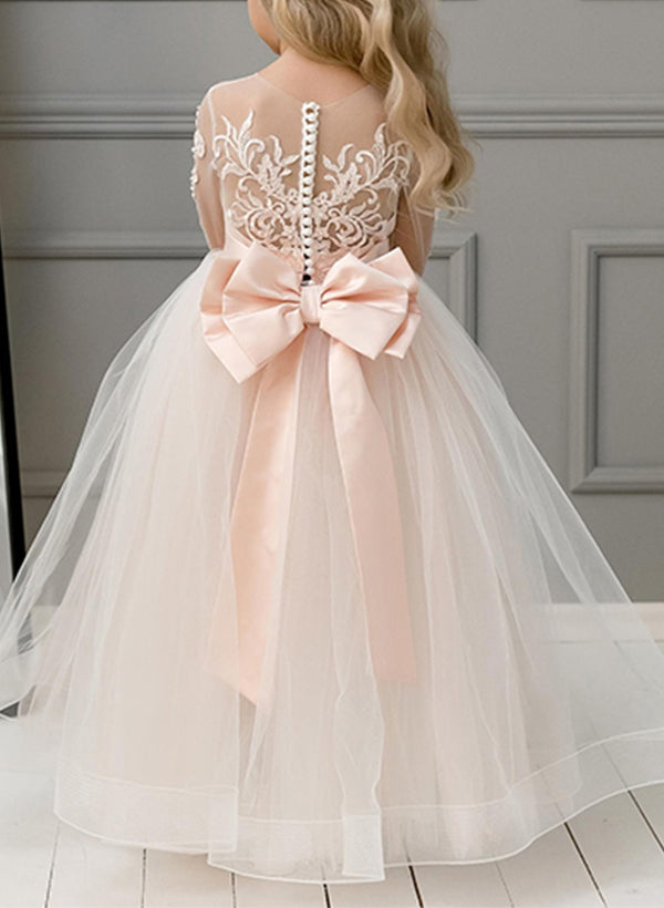 A-Line/Princess Scoop Flower Girl Dresses With Bowknot Blush