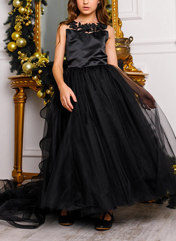 A-Line/Princess Scoop Flower Girl Dresses With Bowknot Black