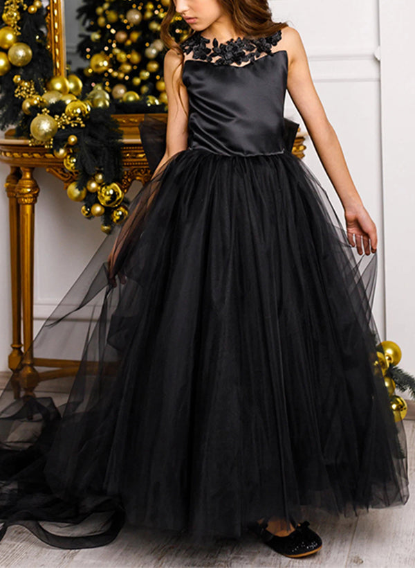 A-Line/Princess Scoop Flower Girl Dresses With Bowknot Blush