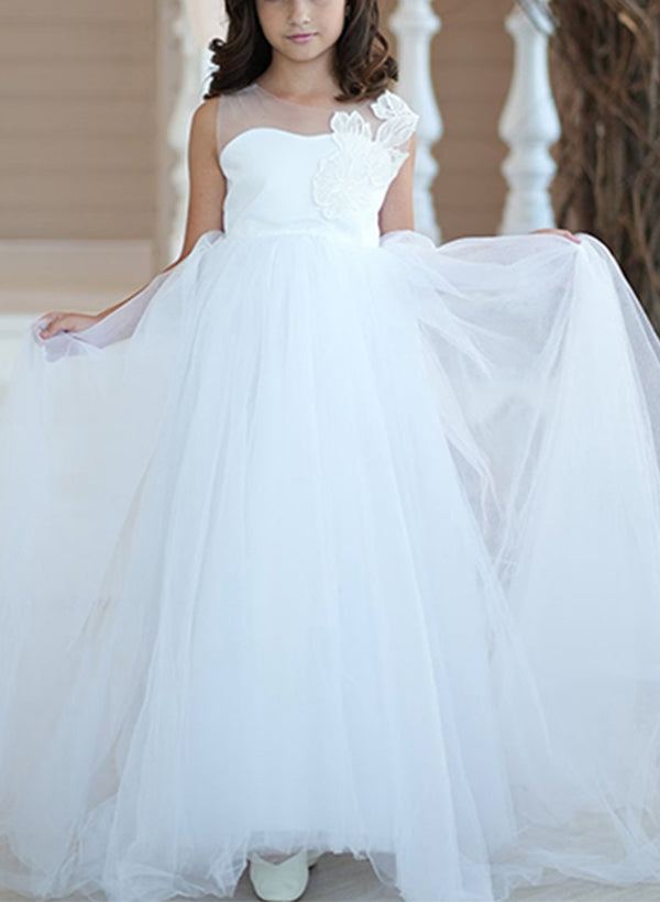 A-Line/Princess Illusion Neck Flower Girl Dresses With Bowknot Ivory