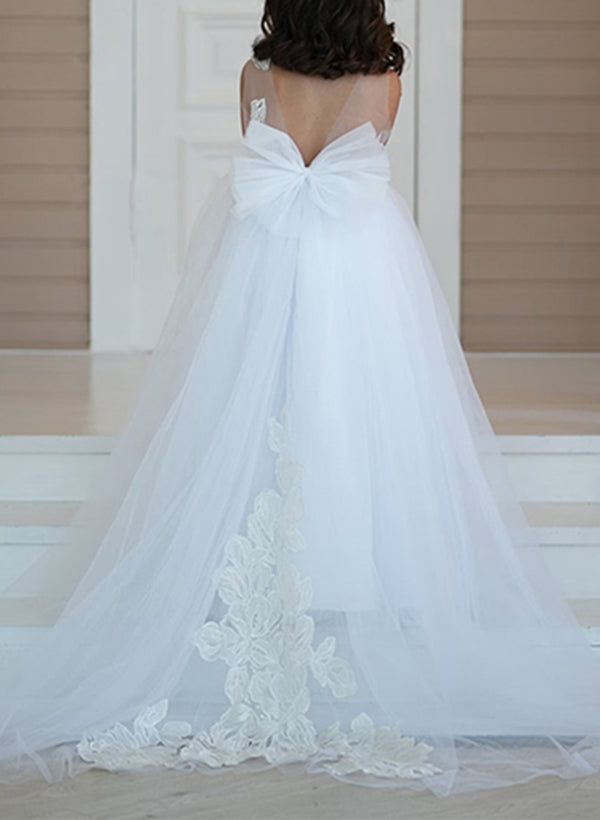 A-Line/Princess Illusion Neck Flower Girl Dresses With Bowknot Peach