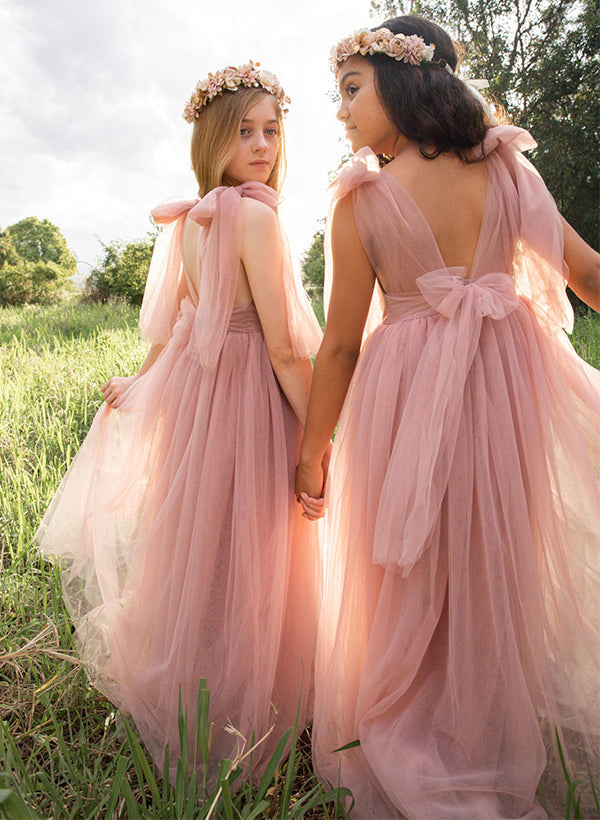 A-Line/Princess Girl Dresses with Sash Dusty Rose