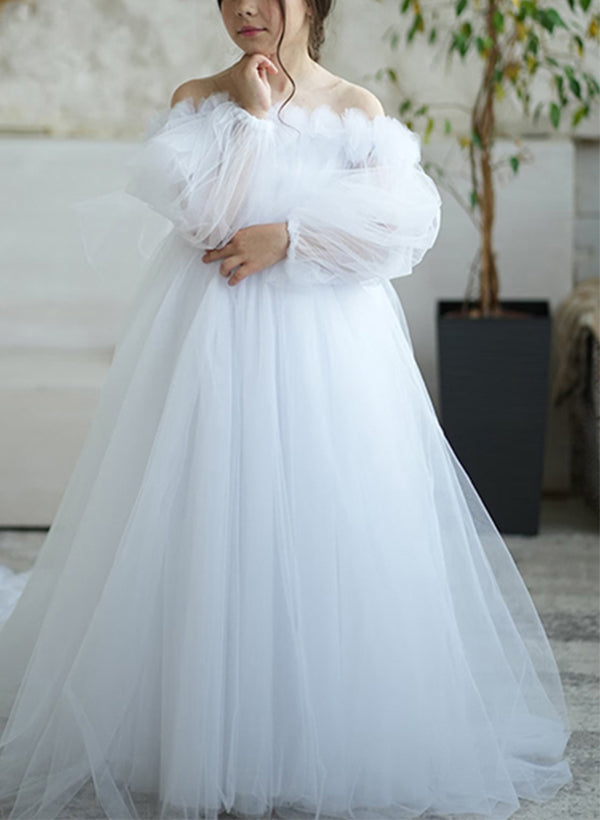A-Line/Princess Off-the-Shoulder Flower Girl Dresses Ivory