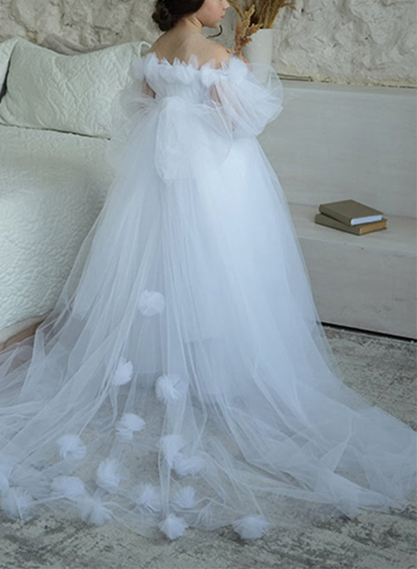 A-Line/Princess Off-the-Shoulder Flower Girl Dresses Peach