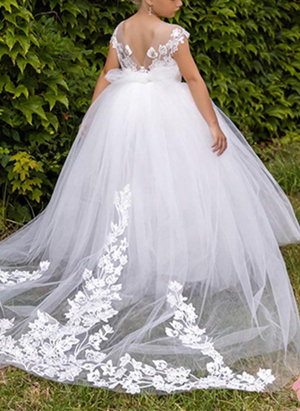 Ball Gown Scoop Flower Girl Dresses With Applique Peach