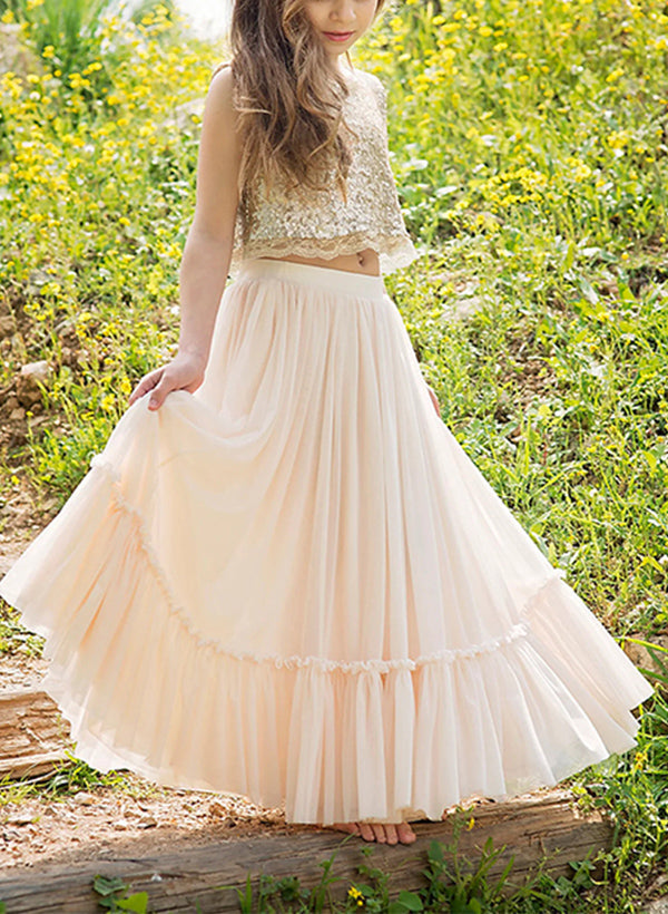 A-Line/Princess Scoop Flower Girl Dresses With Sequins Light Champagne