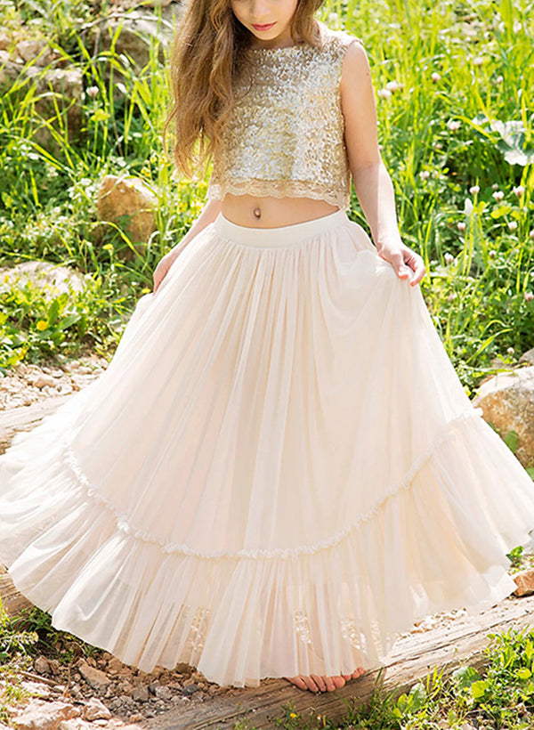 A-Line/Princess Scoop Flower Girl Dresses With Sequins Blush