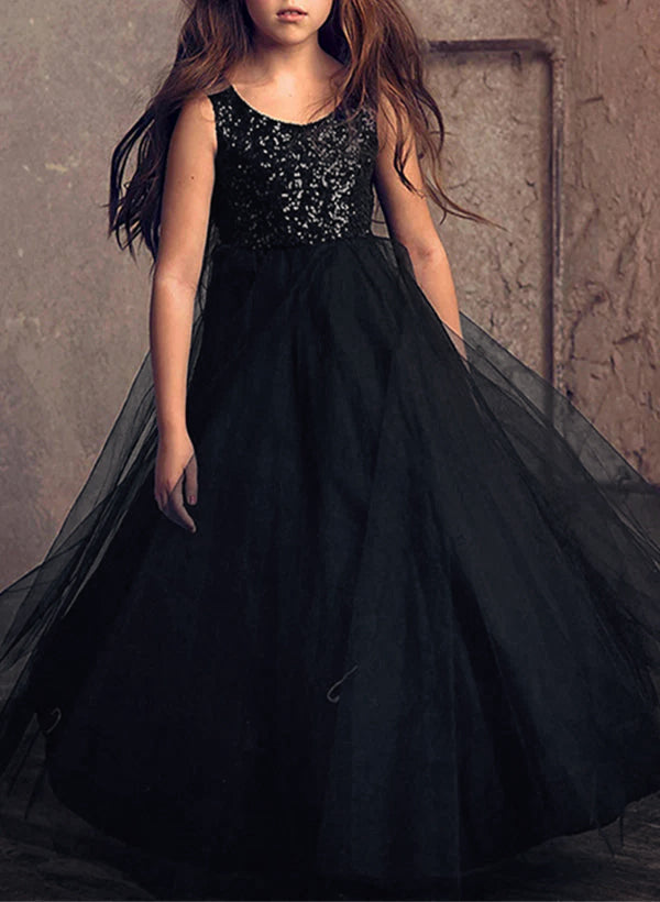 A-Line/Princess Scoop Flower Girl Dresses With Sequins Black