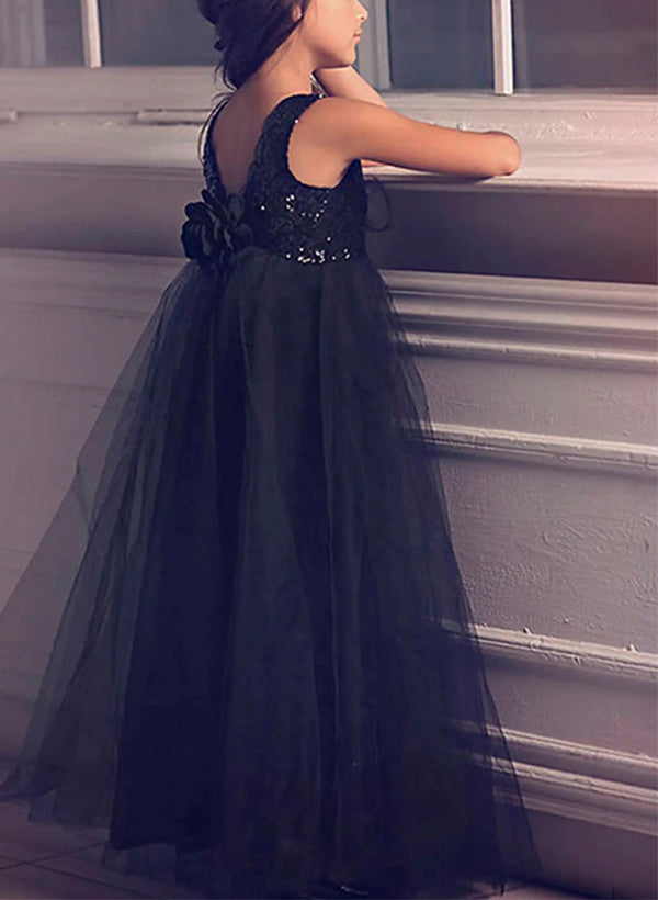 A-Line/Princess Scoop Flower Girl Dresses With Sequins Peach