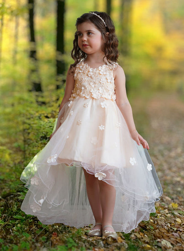 A-Line/Princess Scoop Flower Girl Dresses With Applique Light Champagne