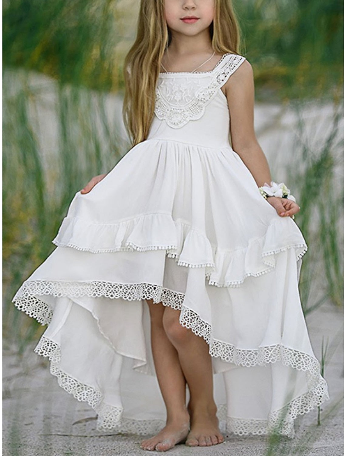 A-Line/Princess Asymmetrical High Low Flower Girl Dresses with Applique White