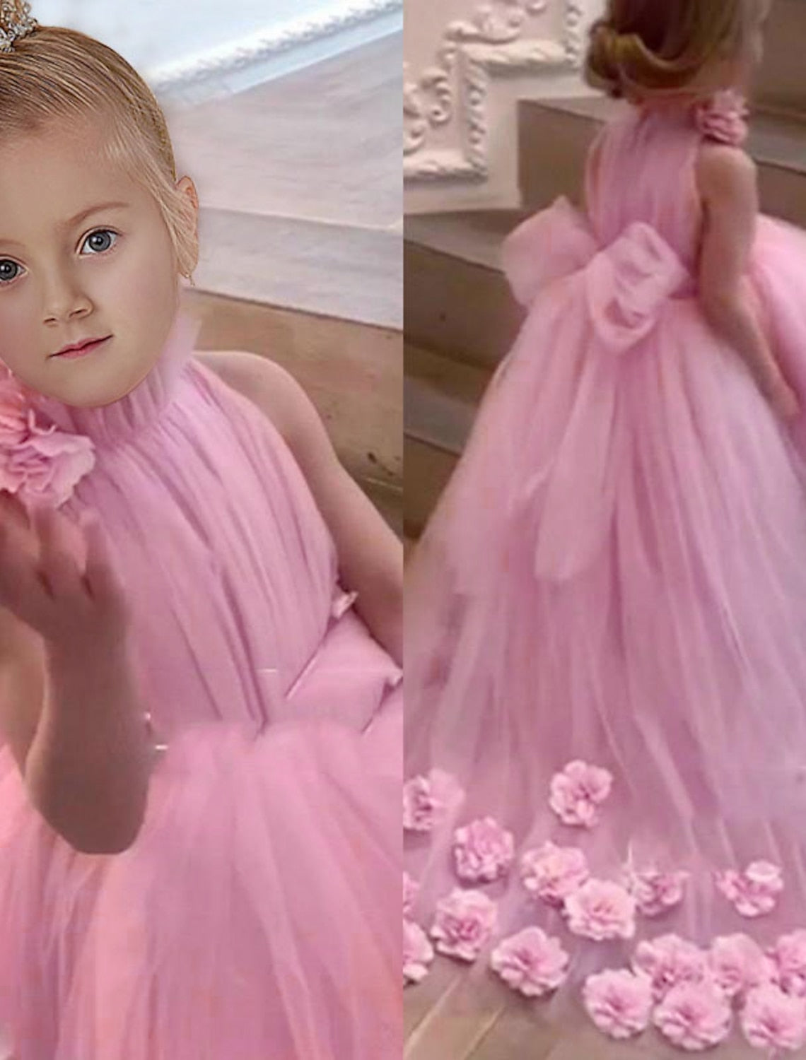 A-Line/Princess Tulle Floral Flower Girl Dresses with Bowknot Blush