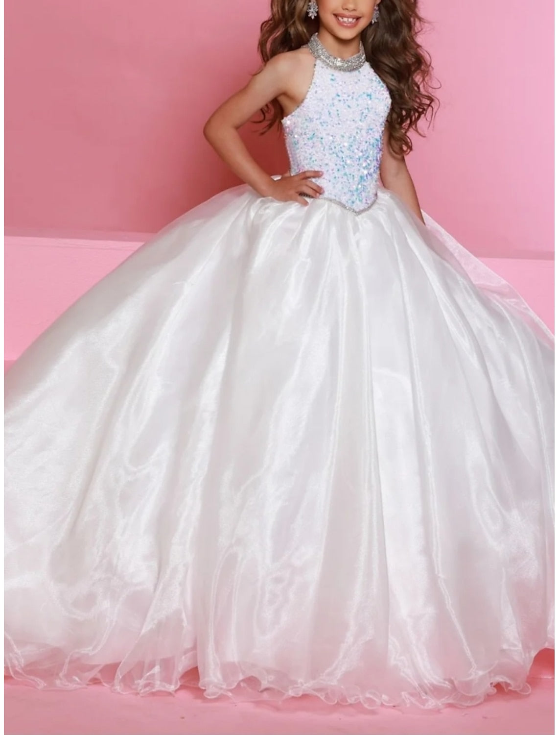 A-Line/Princess Halter Tulle Flower Girl Dresses with Sequins & Beading White