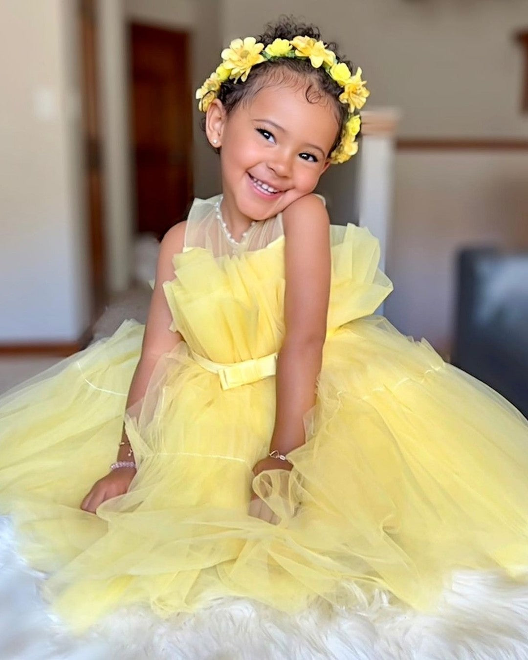 Ball Gown Princess Tulle Little Girl Party Dresses with Belt Yellow