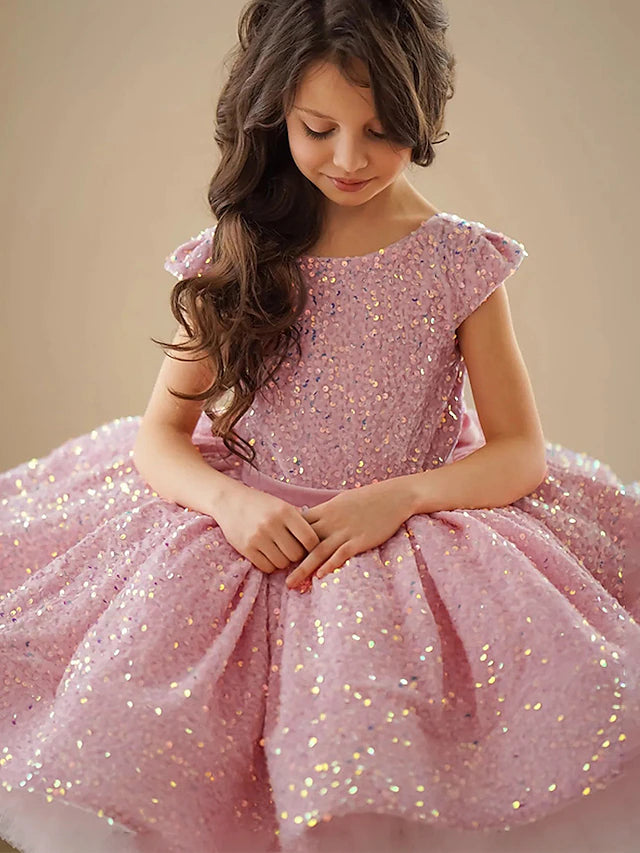 A-Line/Princess Sequins Flower Girl Dresses with Bowknot Blush