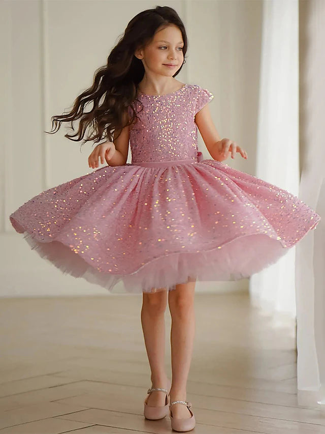 A-Line/Princess Sequins Flower Girl Dresses with Bowknot Peach