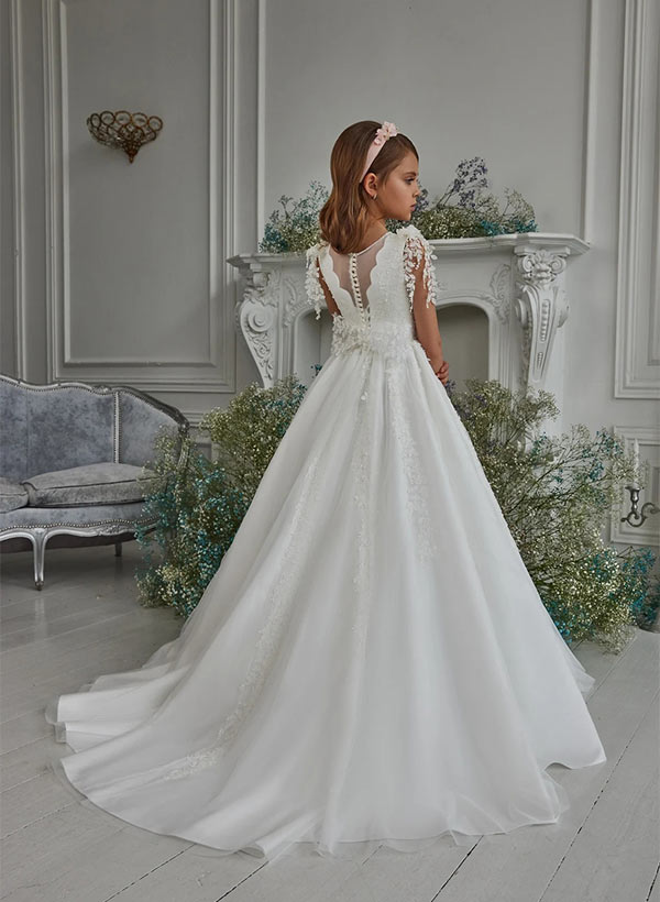 A-Line/Princess Tulle Flower Girl Dresses with Applique & Beading Beige