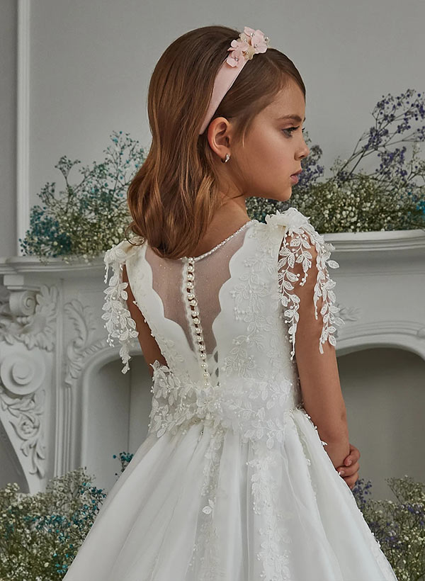 A-Line/Princess Tulle Flower Girl Dresses with Applique & Beading White