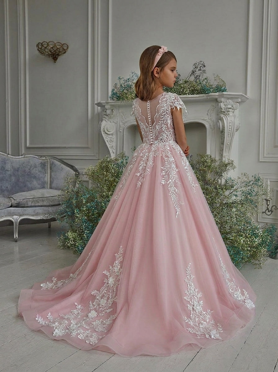 A-Line/Princess Tulle Flower Girl Dresses with Applique & Beading Pink