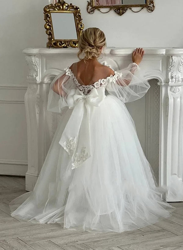 A-Line/Princess Off-the-Shoulder Tulle Flower Girl Dresses with Applique & Bowknot White