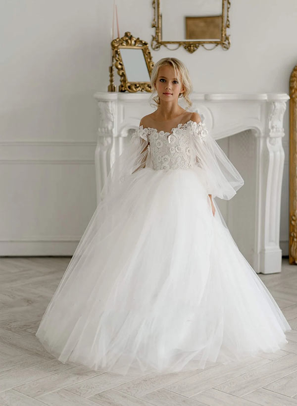 A-Line/Princess Off-the-Shoulder Tulle Flower Girl Dresses with Applique & Bowknot Blush
