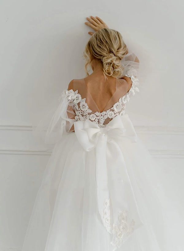 A-Line/Princess Off-the-Shoulder Tulle Flower Girl Dresses with Applique & Bowknot Peach