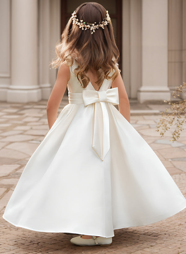 A-Line/Princess Satin Flower Girl Dresses with Bowknot White